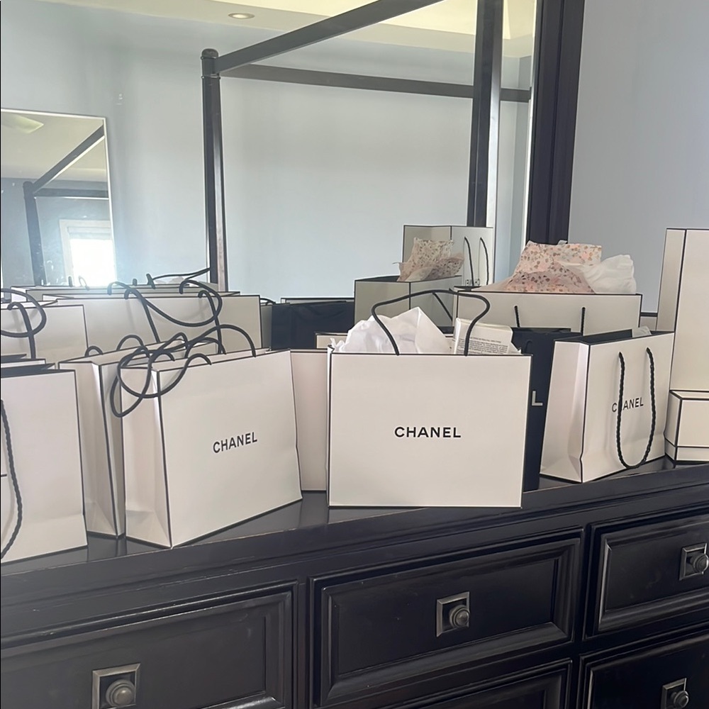 CHANEL White and Black Shopping Bags